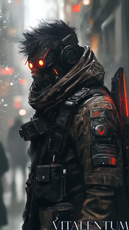 Cyberpunk recon operative in neon-glow tactical exosuit profile.