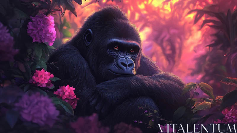 Gorilla resting in luminous jungle surrounded by blossoms.