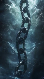 Submerged iron chain descending through stormy teal depths.