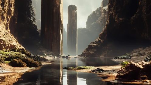 Sunlit stone pillars rising from a quiet secret canyon.