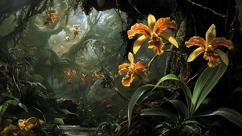 Digital painting of luminous orchids in dense rainforest glade.