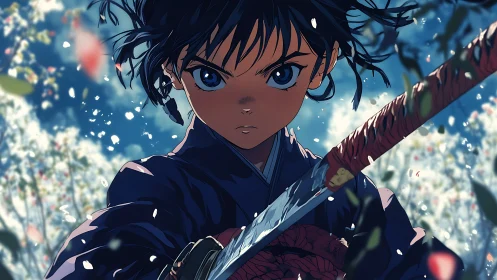 Determined young swordsman draws katana amid falling petals.