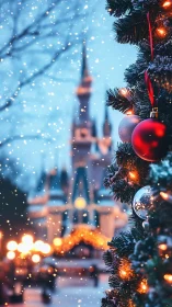 Snowy ornaments trade secrets with a distant glowing castle