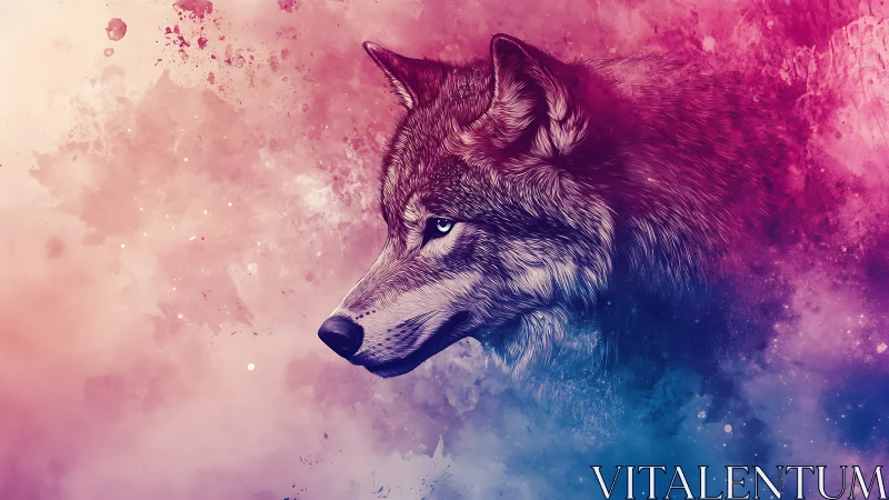 Wolf profile illustration with pink and blue abstract background.