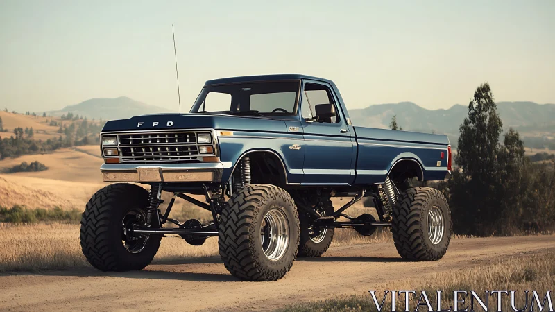 Lifted classic blue pickup truck on rural dirt road at dusk.