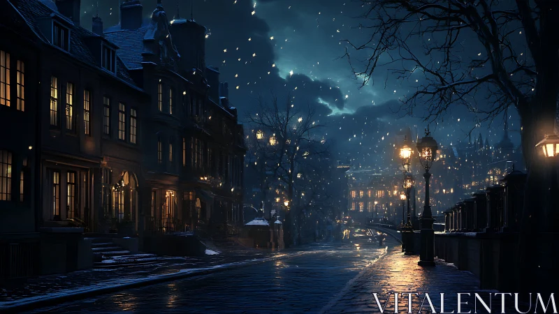 Snowfall illuminates a quiet historic street at night