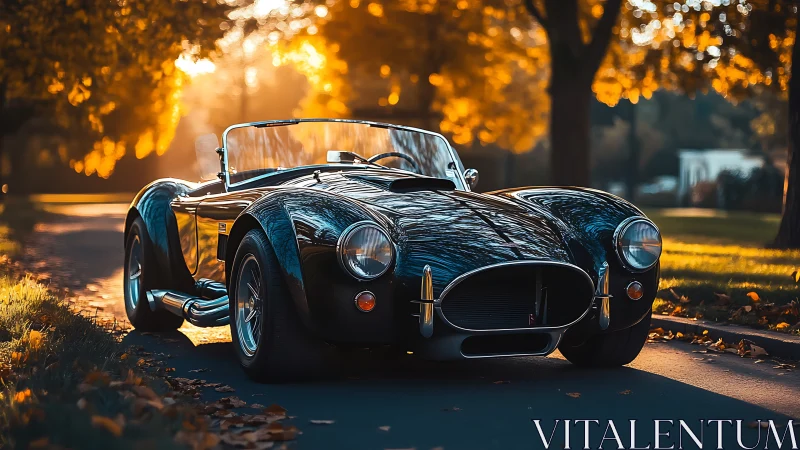 Classic black roadster is parked on a tree lined street