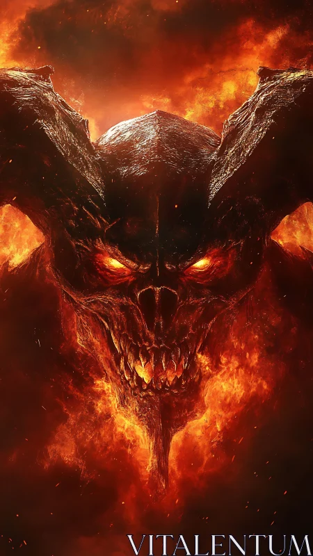 Demonic fiery skull with horns emerging from intense flames.