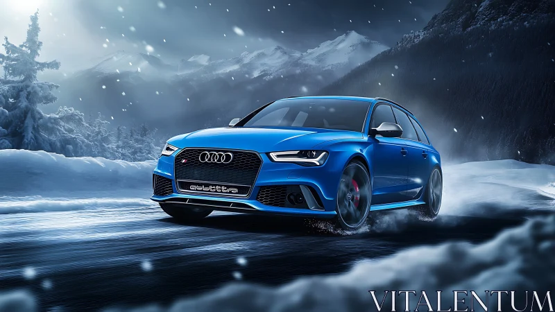 Electric blue performance wagon gliding through alpine snowstorm.