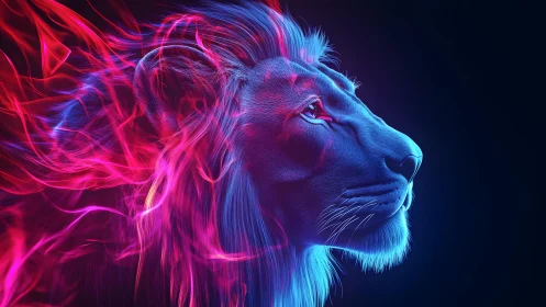 Majestic lion in neon light, digital art with vibrant colors.