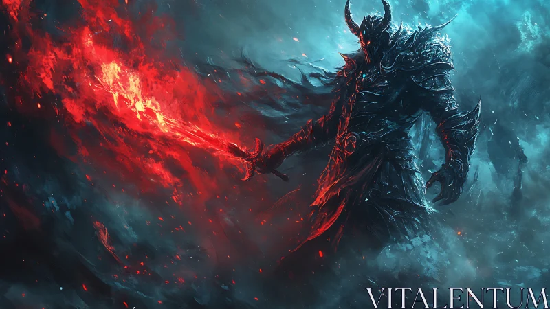 Fiery demon knight strides through swirling blue and red storm