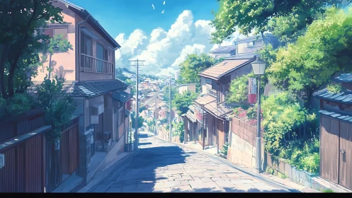 Sunlit sloping alley with tiled houses and deep linear perspective