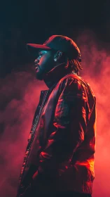 Side-profile portrait of man in red jacket under colored light