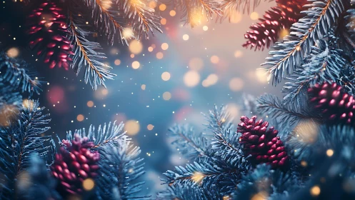Frosted pine branches frame glowing winter bokeh lights.