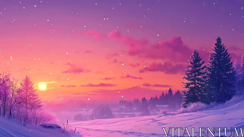 Digital painting winter sunset with radiant gradient sky.