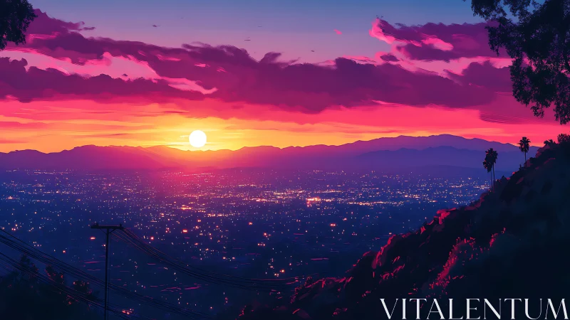 Sunset city glow from a quiet hillside lookout point.