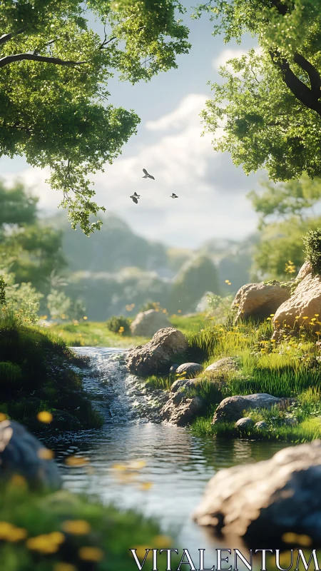 Sunlit forest stream flows between mossy rocks and flowers
