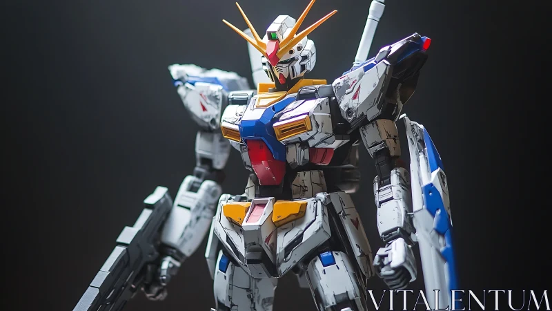 Photoreal mecha model with weathered armor detailing in studio.