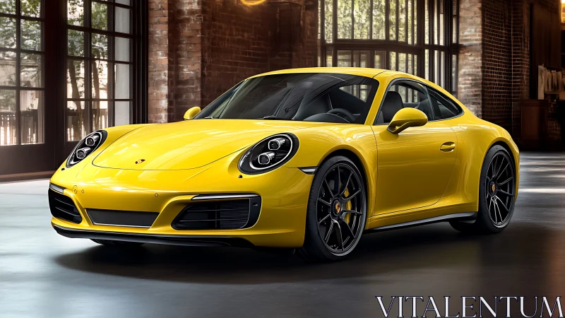 Yellow performance coupe poised in industrial loft light.