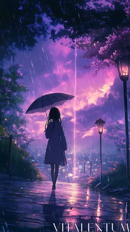 Umbrella-shadowed girl greets a neon lightning twilight