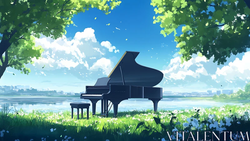 Grand piano beside lakeside meadow under bright sky.