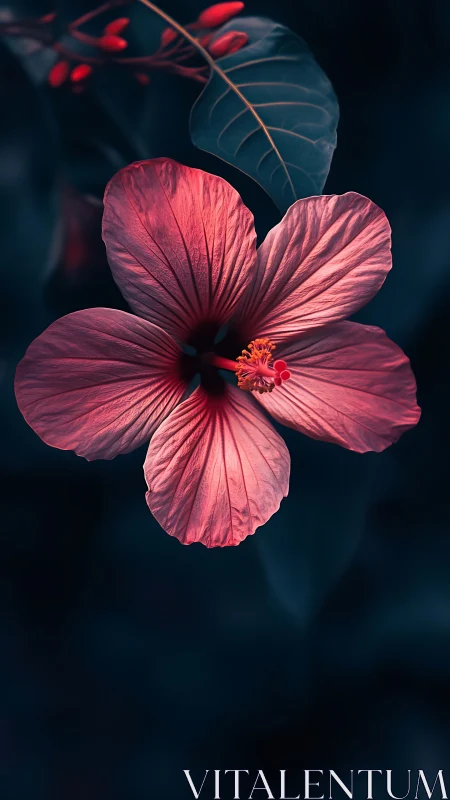 Coral Hibiscus Unfolds Against Teal Darkness