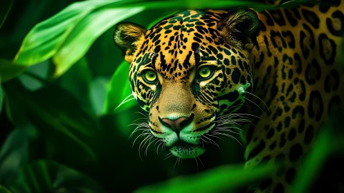 Leopard head rendered in dense green foliage with sharp detail