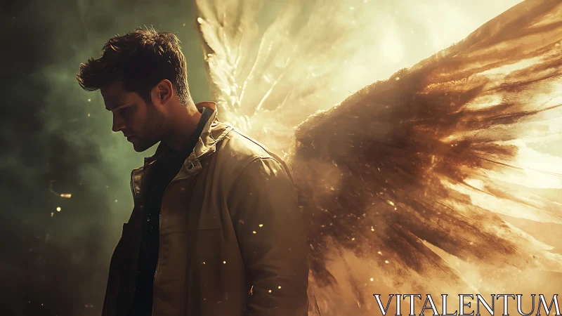 Man with glowing angel wings stands in dramatic side profile