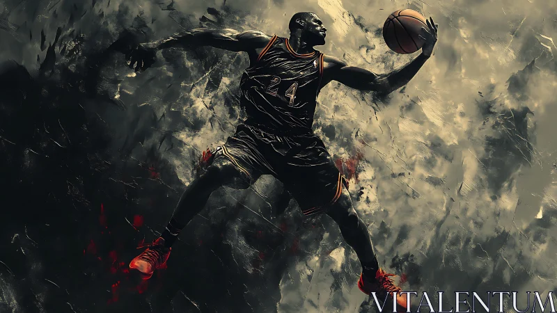 Basketball player midair layup against abstract backdrop.