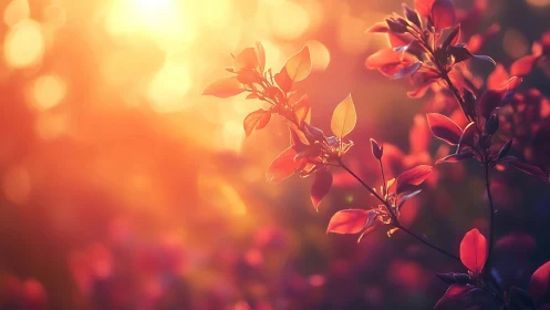 Sun-drunk crimson leaves basking in honeyed evening light.