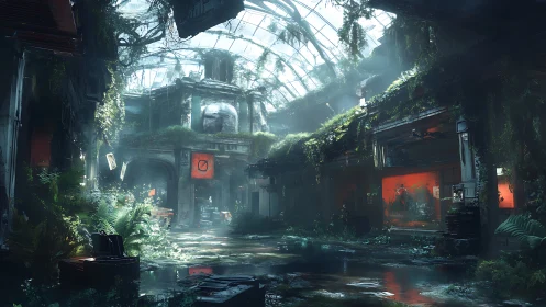 Overgrown abandoned mall flooded with light and foliage.