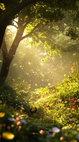 Sunlit forest glade reveals luminous wildflower meadow