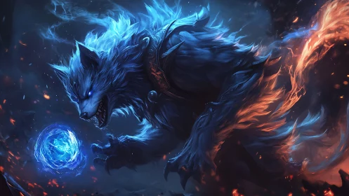 Bipedal wolf entity manipulates blue energy sphere in flame