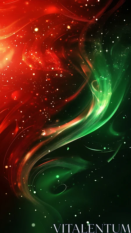 Red and green light trails with particle field on dark background.