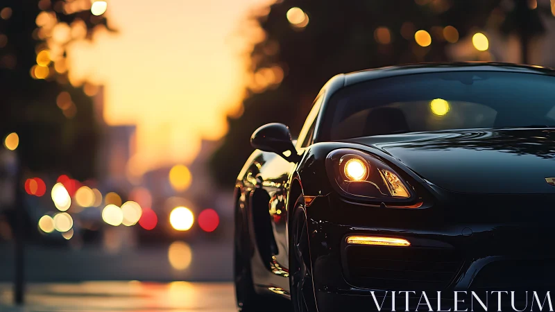 Photorealistic sports coupe at dusk with cinematic bokeh focus.