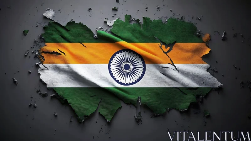 Torn Indian flag rendered as textured 3D surface on gray wall