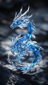 Crystal blue serpentine dragon sculpture in cold light.