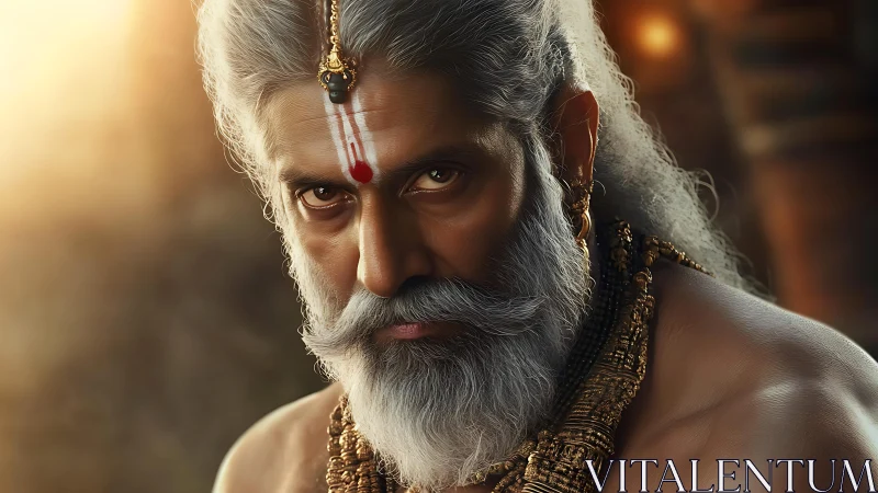 Elderly male figure with traditional markings and jewelry.