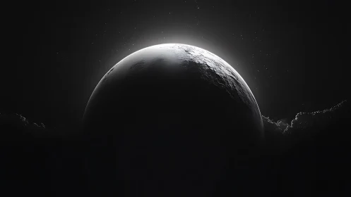 Icy planet silhouette emerges from deep cosmic shadow.