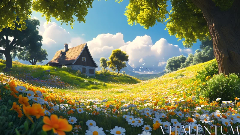 Sunny cottage rests amid wildflower meadow and glowing hills.