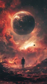 Lone wanderer beneath a burning cosmic horizon.