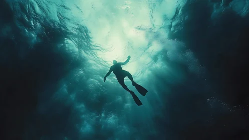 Backlit silhouette of underwater free diver in volumetric rays.