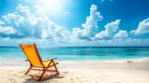 Yellow beach chair facing clear turquoise ocean horizon.