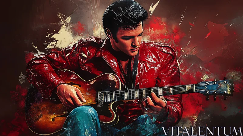 Electric red leather guitarist in expressive digital portrait.