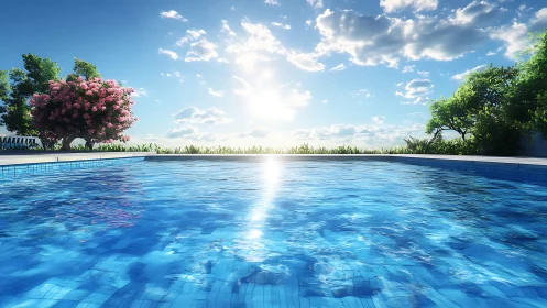 Sunlit pool shimmers under a bright, cloud-dotted summer sky