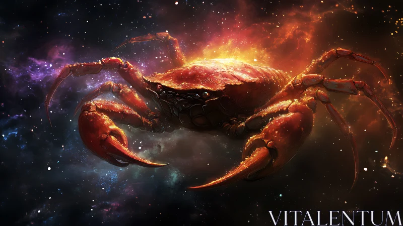 Cosmic cybernetic crab drifts through blazing nebula sky.