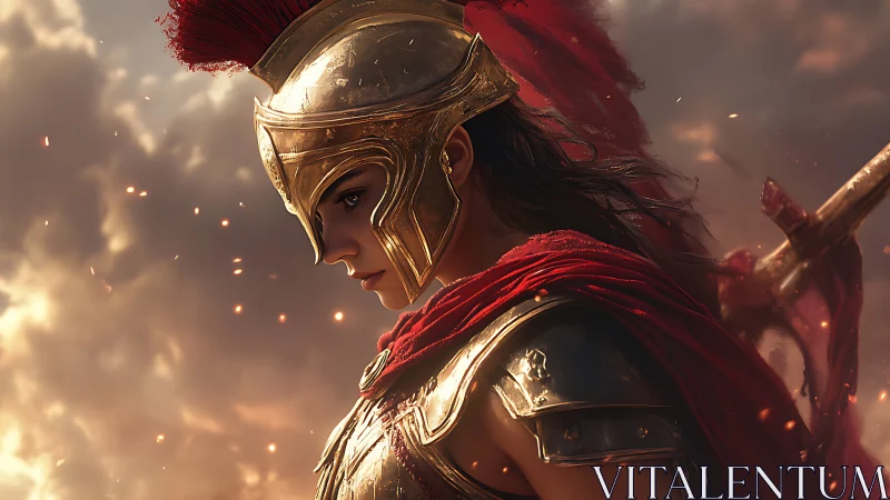 Fierce warrior in golden armor pauses within glowing embers