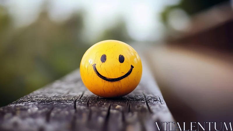 Weathered yellow smiley ball on rustic wooden rail closeup.