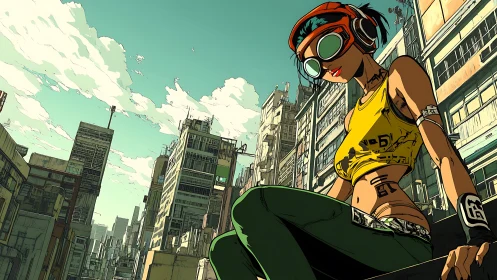 Female figure on rooftop ledge in dense urban environment.