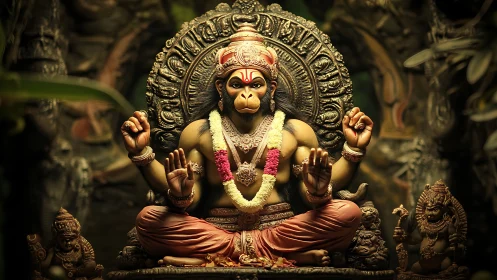 Divine monkey deity sits in radiant gold-lit jungle shrine